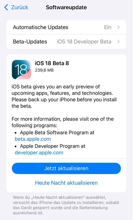 天祝苹果手机维修分享苹果 iOS / iPadOS 18 开发者预览版 Beta 8 发布 